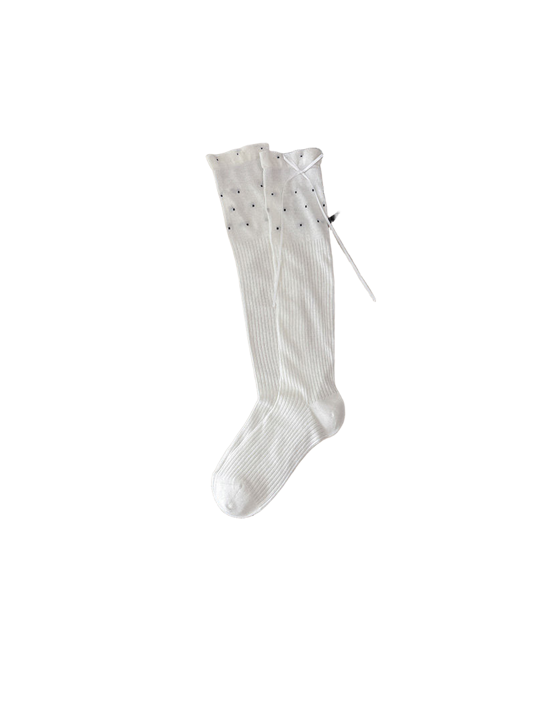 White knee-high socks with ribbing, dotted upper panels and cuff ties