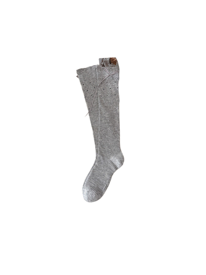 Gray knee-high socks with ribbing, dotted upper panels and cuff ties