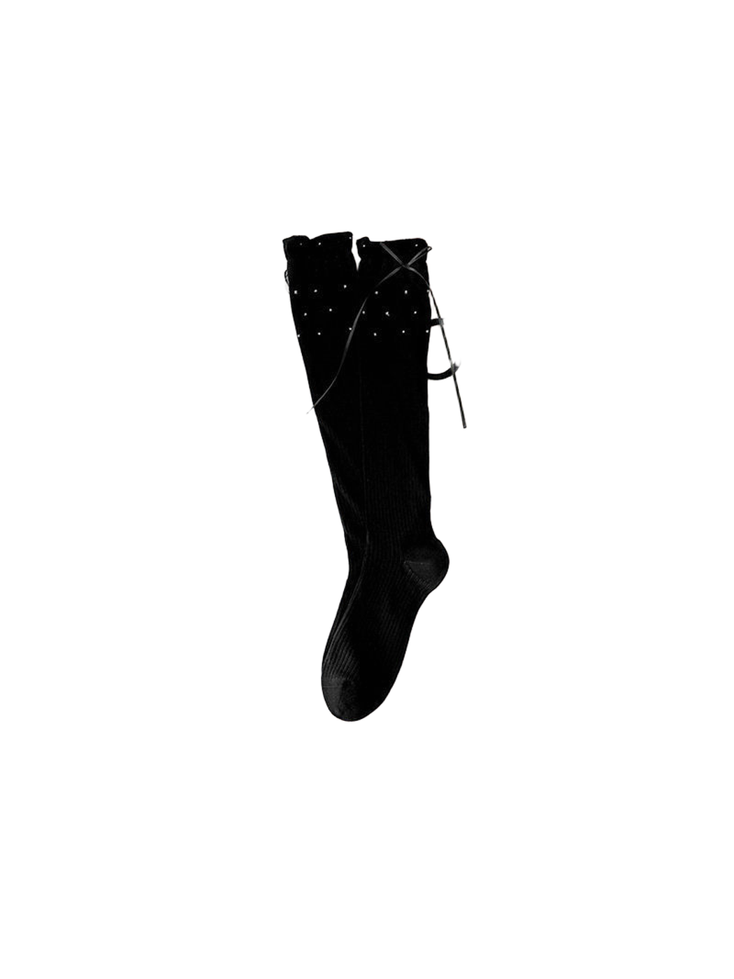Black knee-high socks with ribbing, dotted upper panels and cuff ties
