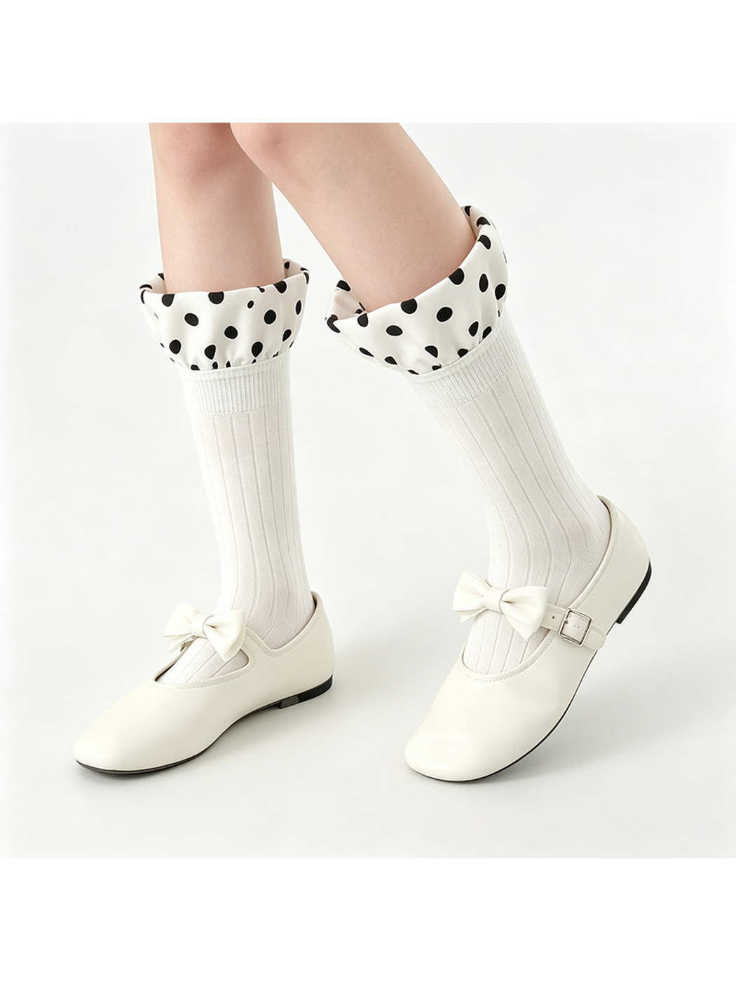 White ribbed socks with polka-dot ruffled cuffs