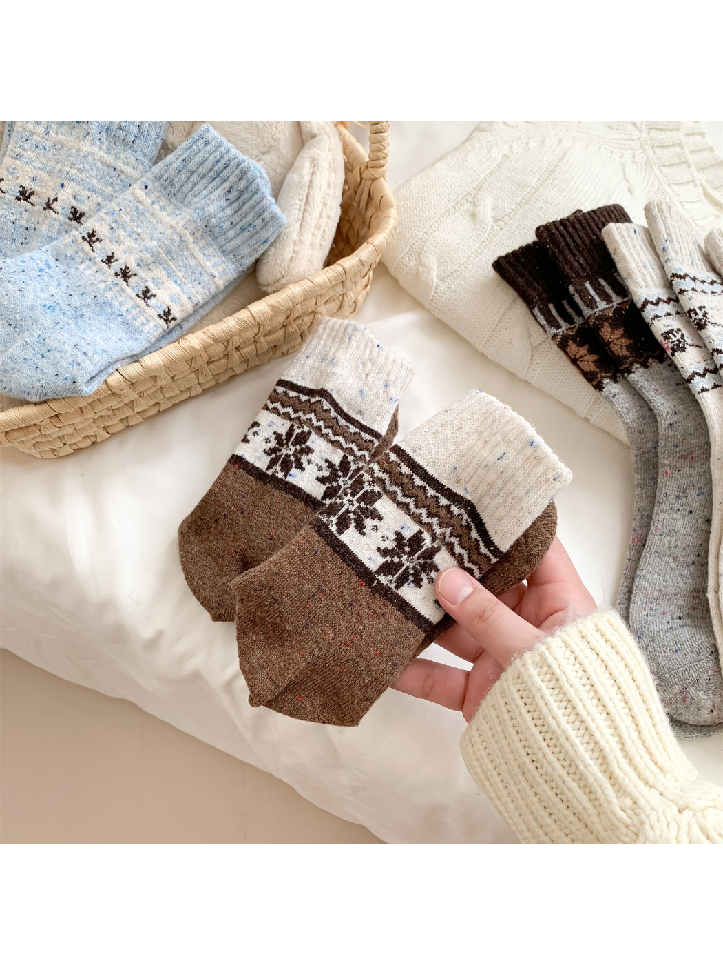 Close-up of the brown socks' contrasting snowflake pattern band