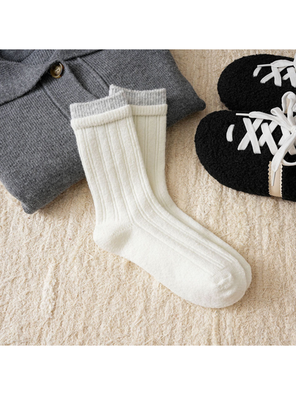 Ivory ribbed crew socks with a contrasting gray cuff