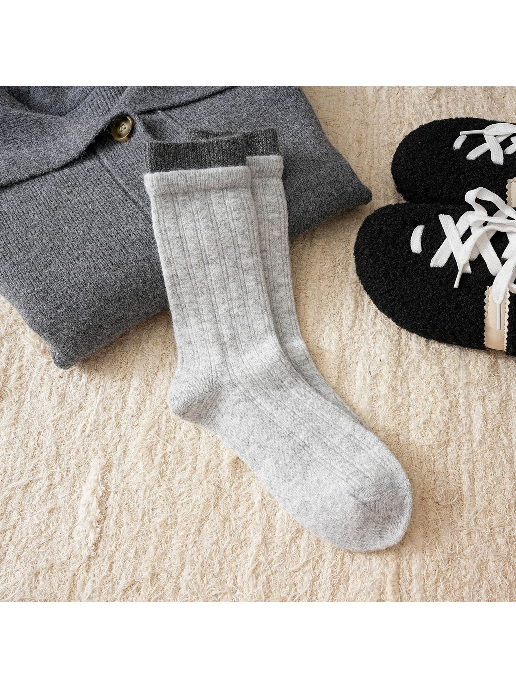 Light gray ribbed crew socks with a dark gray cuff