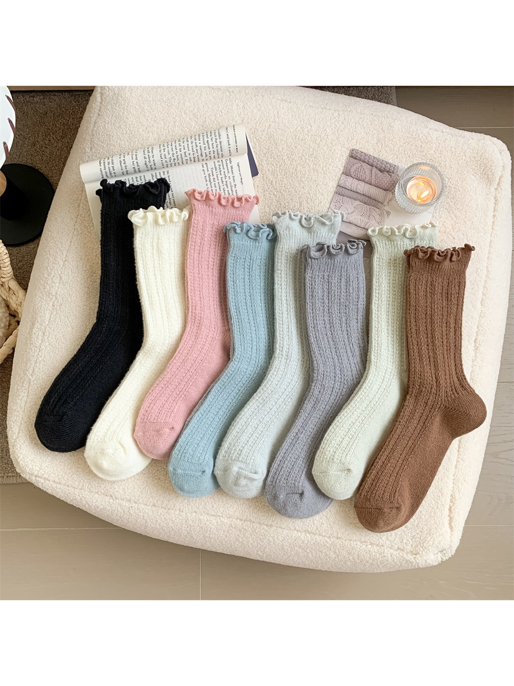 Eight colors of ribbed ruffle-cuff crew socks displayed together