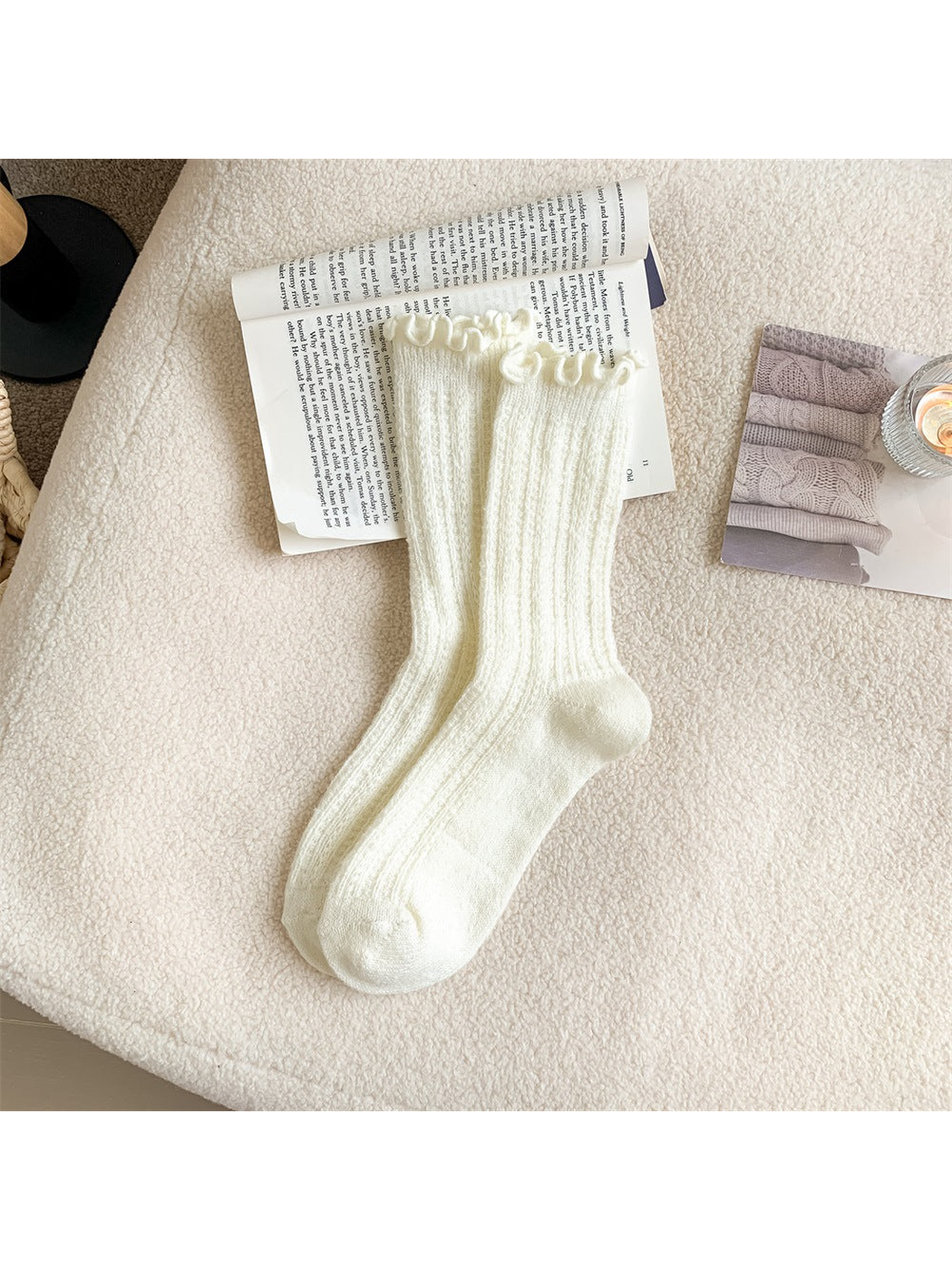Ivory ribbed crew socks with ruffled cuffs