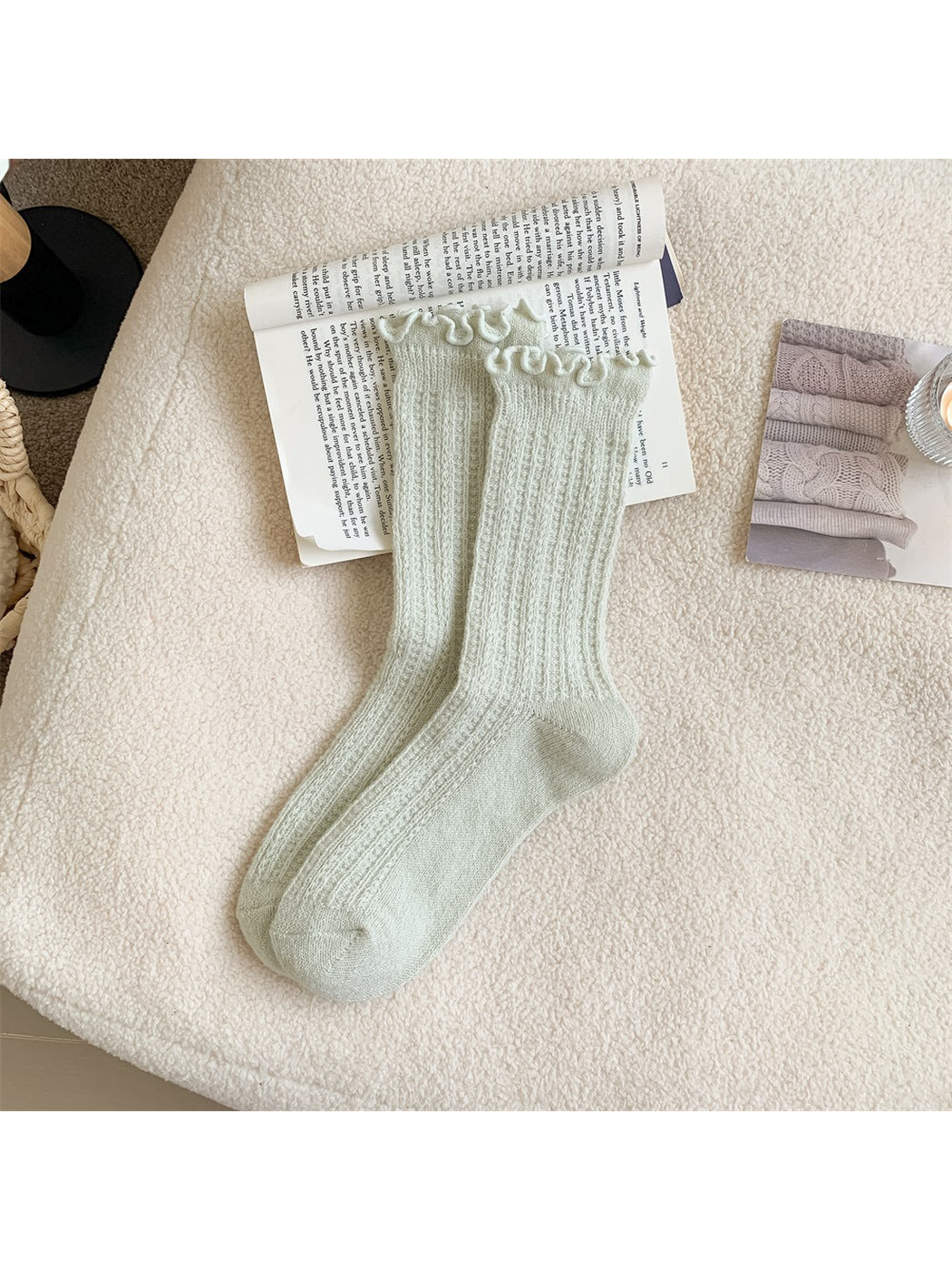 Mint ribbed crew socks with ruffled cuffs