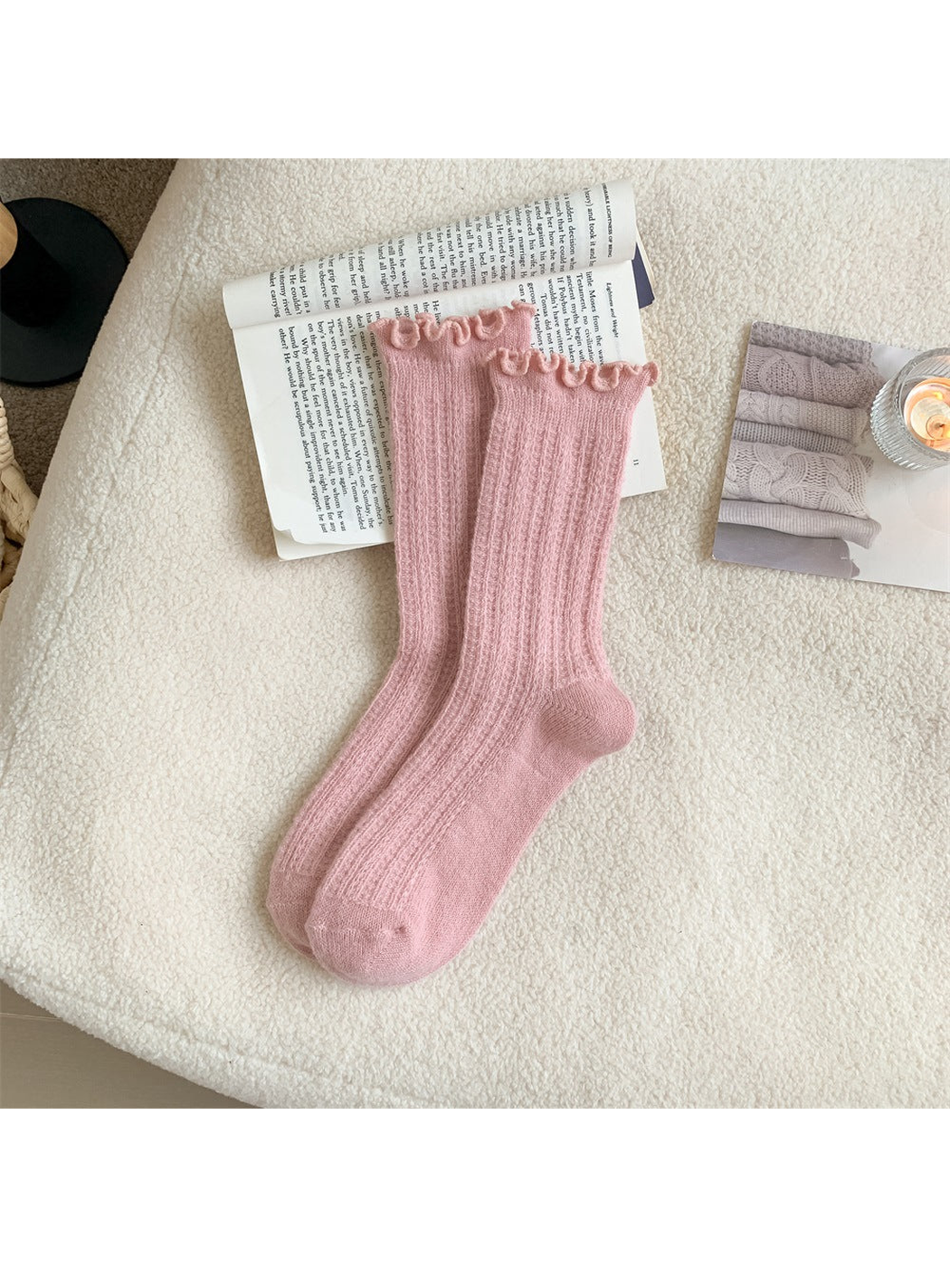 Pink ribbed crew socks with ruffled cuffs