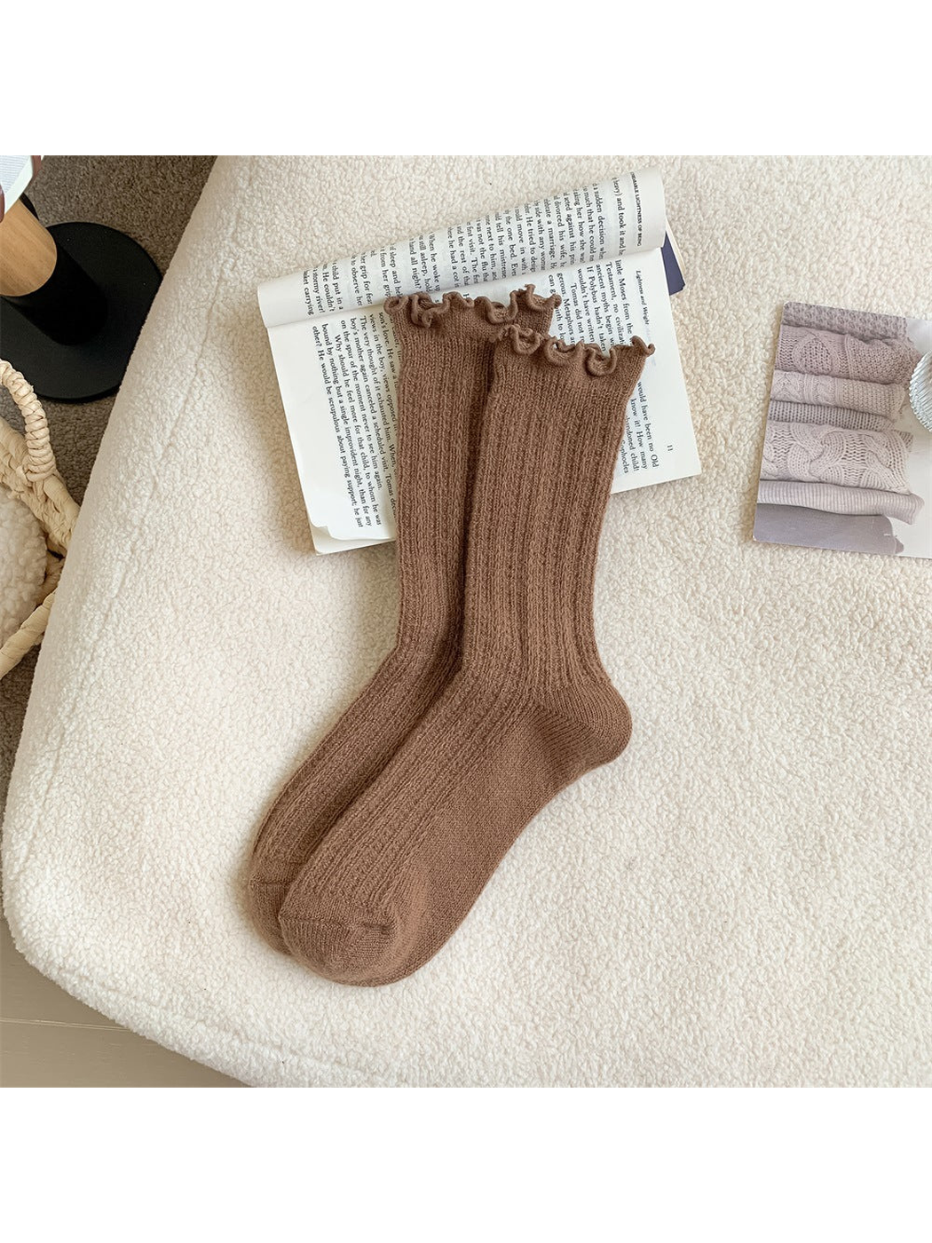 Brown ribbed crew socks with ruffled cuffs