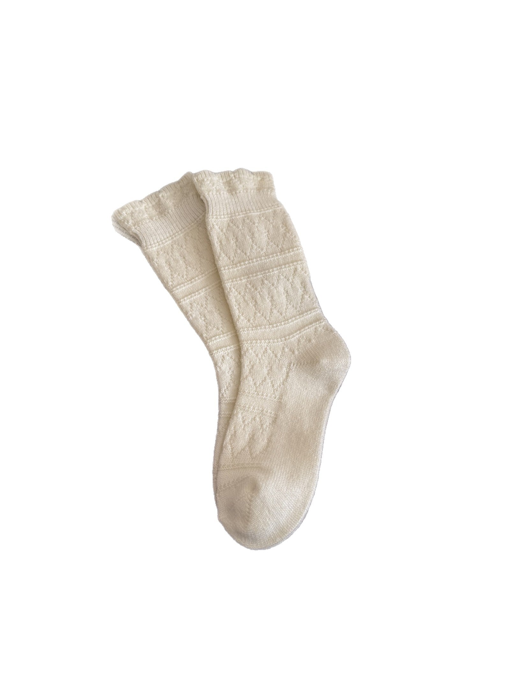 Ivory crew socks with tonal geometric knit panels on a white background