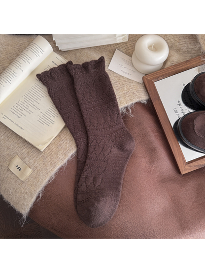 Coffee brown patterned crew socks laid flat