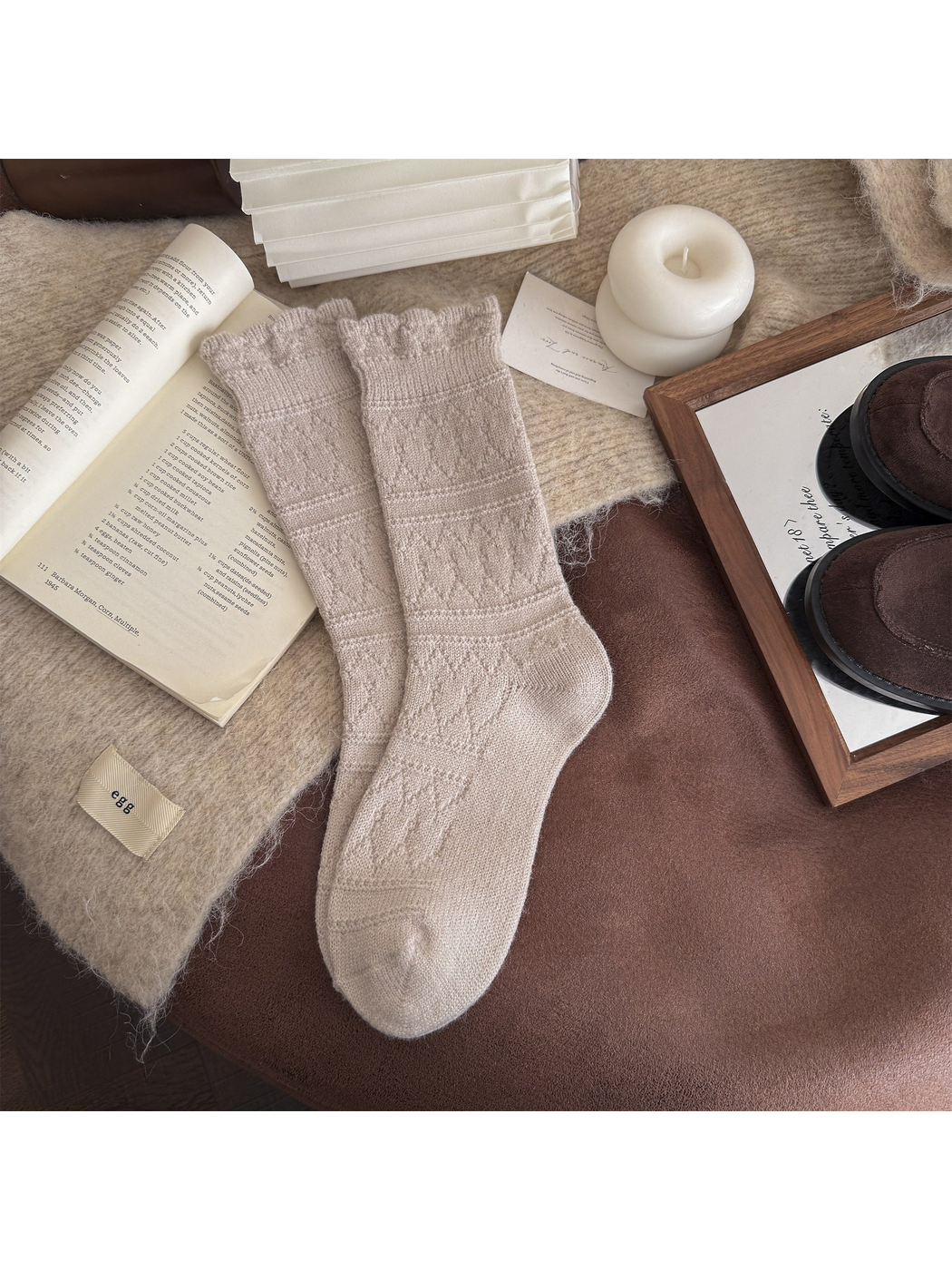 Oatmeal beige patterned crew socks laid flat