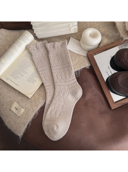 Oatmeal beige patterned crew socks laid flat