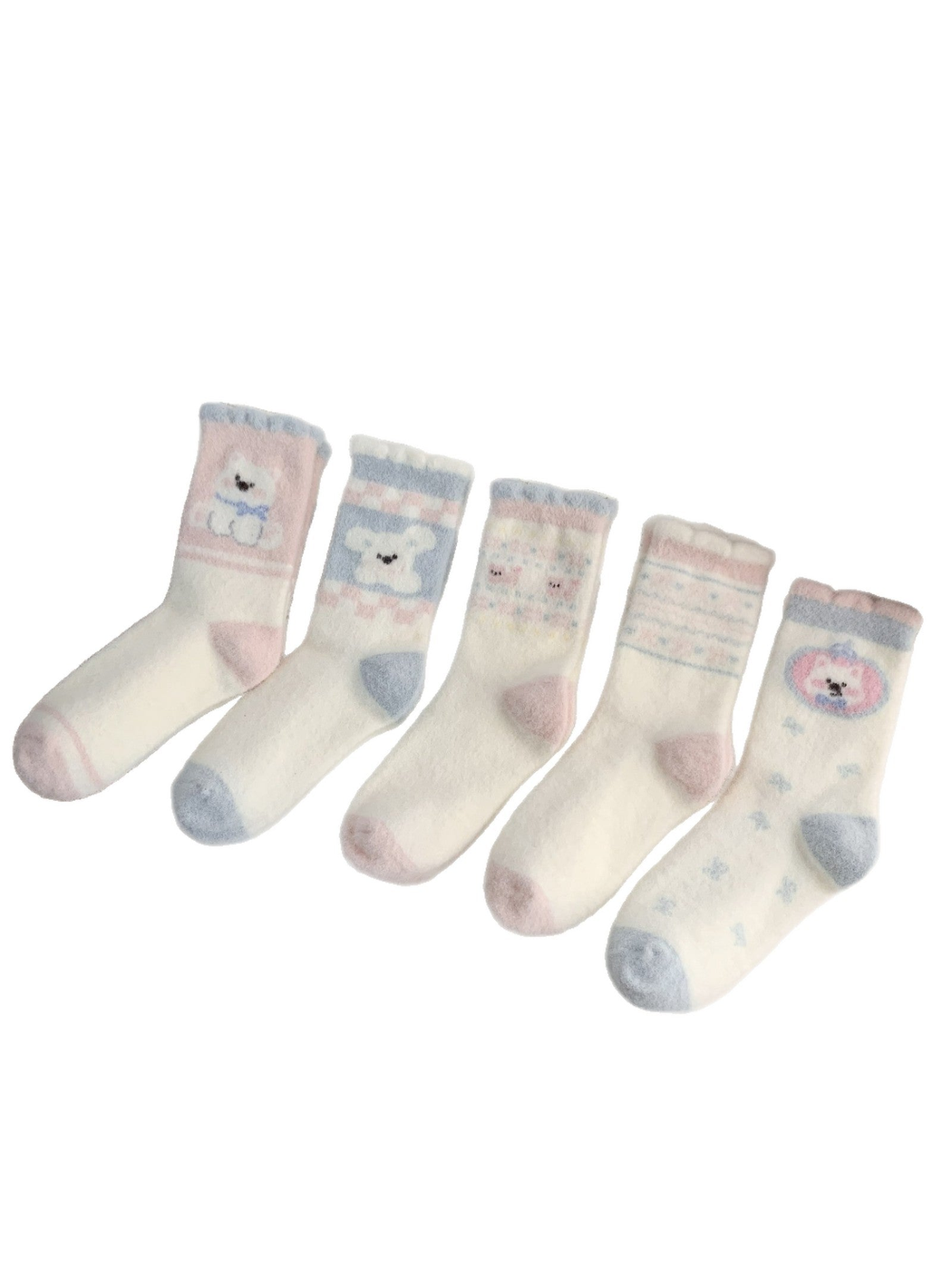 Five pastel fuzzy crew sock designs arranged on a white background