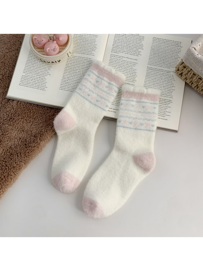 Cream fuzzy crew socks with pastel stripe pattern and pink toes