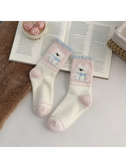 Cream fuzzy crew socks with pink dog motif and pink toes