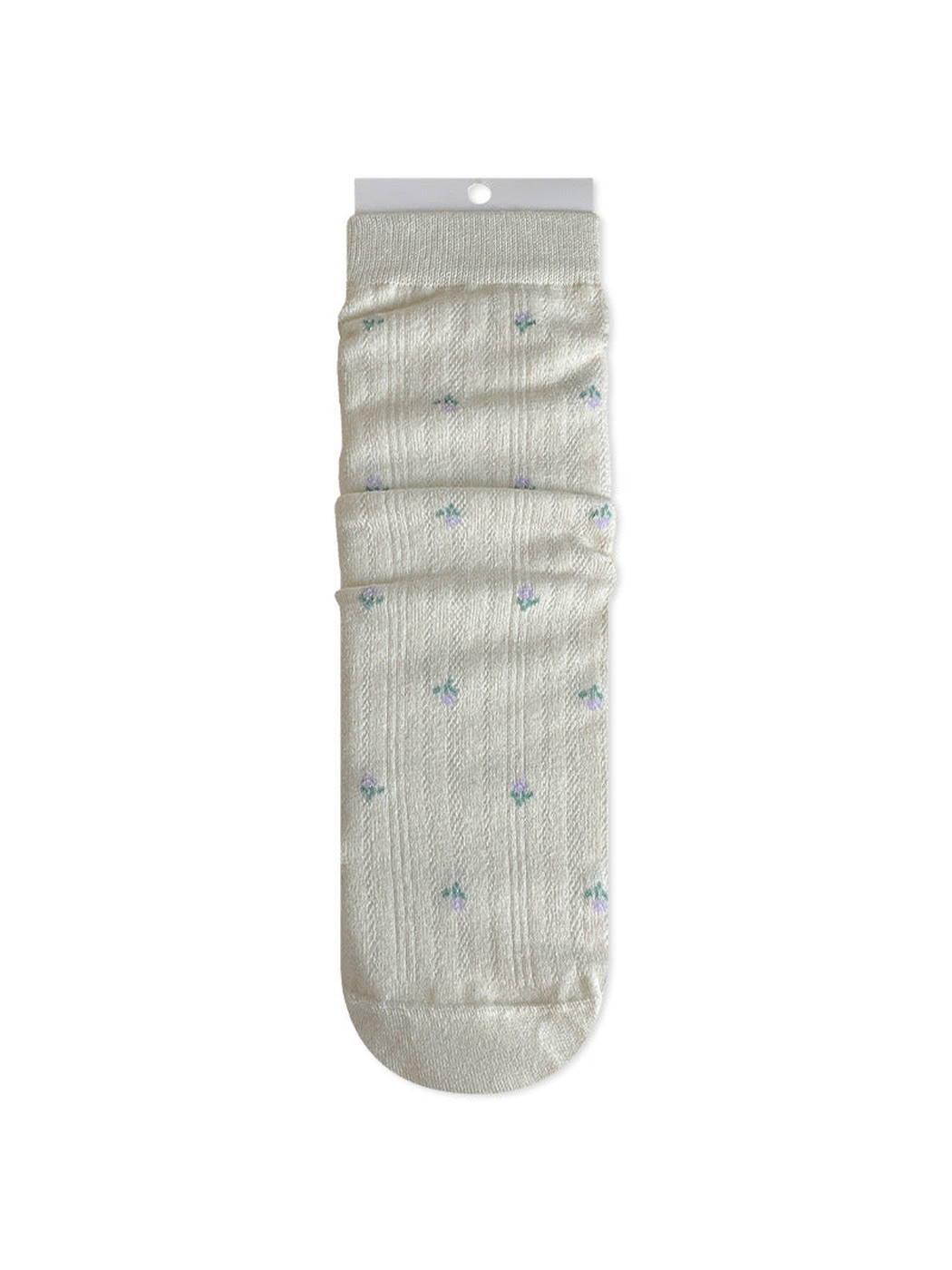 Ivory crew sock with tiny floral motifs and openwork knit panels
