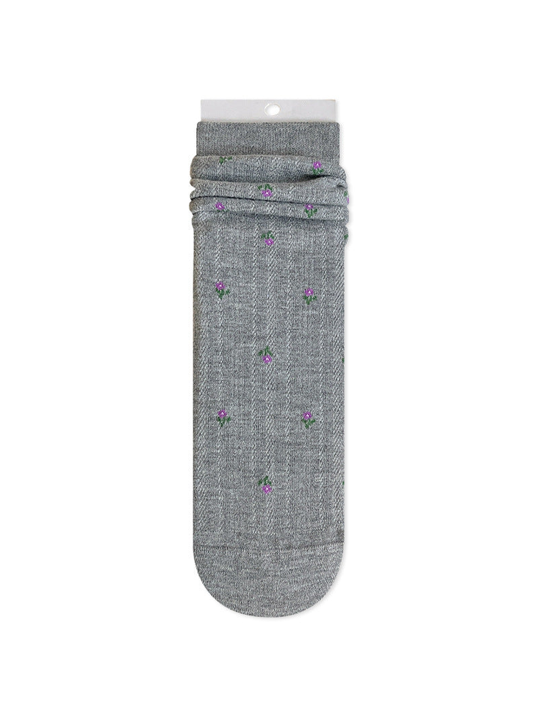 Gray crew sock with tiny floral motifs and a ribbed cuff