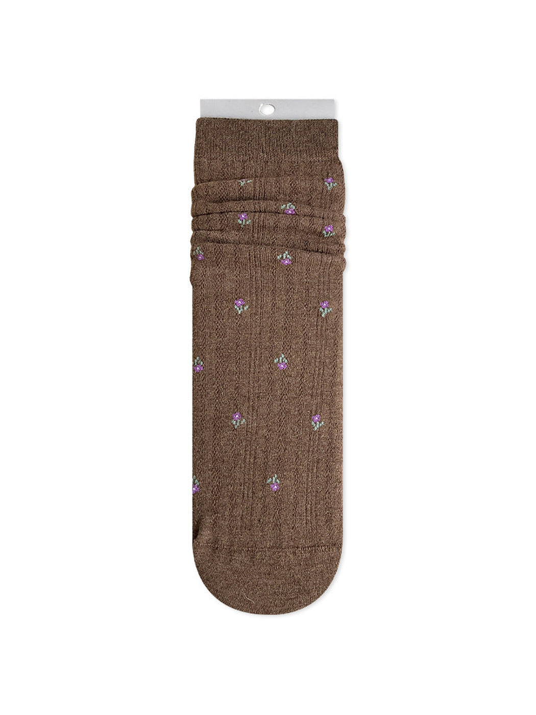 Coffee brown crew sock with tiny floral motifs and a ribbed cuff
