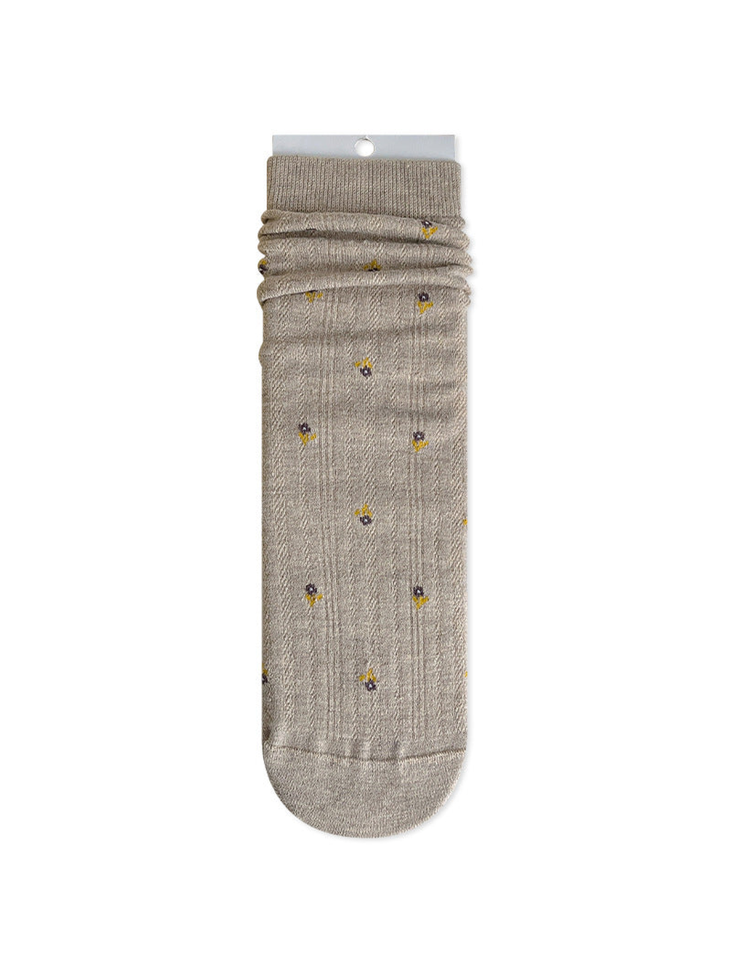 Khaki crew sock with tiny floral motifs and a ribbed cuff