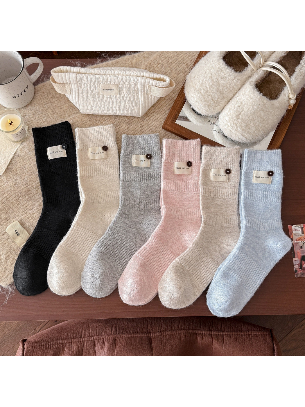 Six colors of ribbed crew socks displayed together
