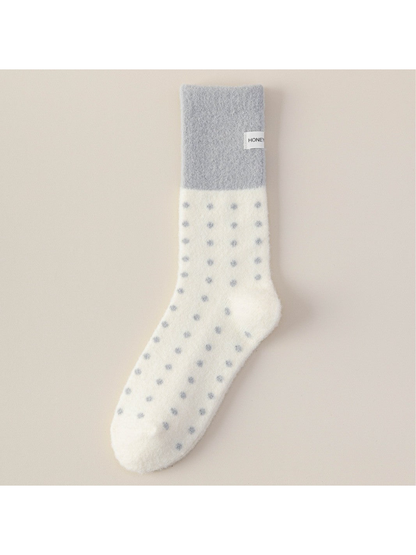 Ivory fuzzy crew sock with gray cuff and polka dots
