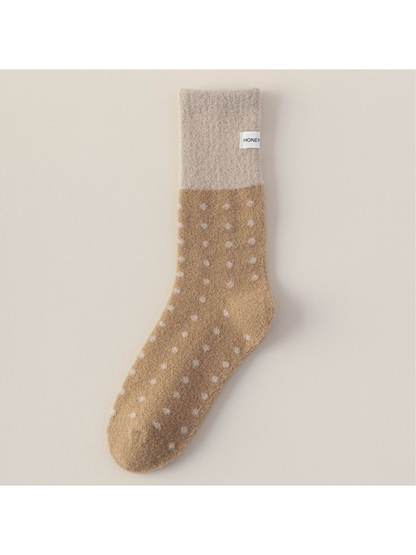 Camel fuzzy crew sock with greige cuff and white polka dots