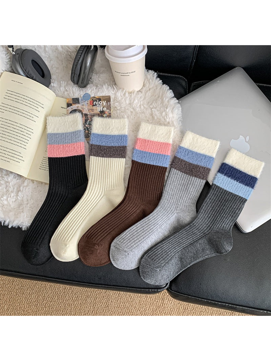 Five color variants of ribbed crew socks with contrasting striped cuffs