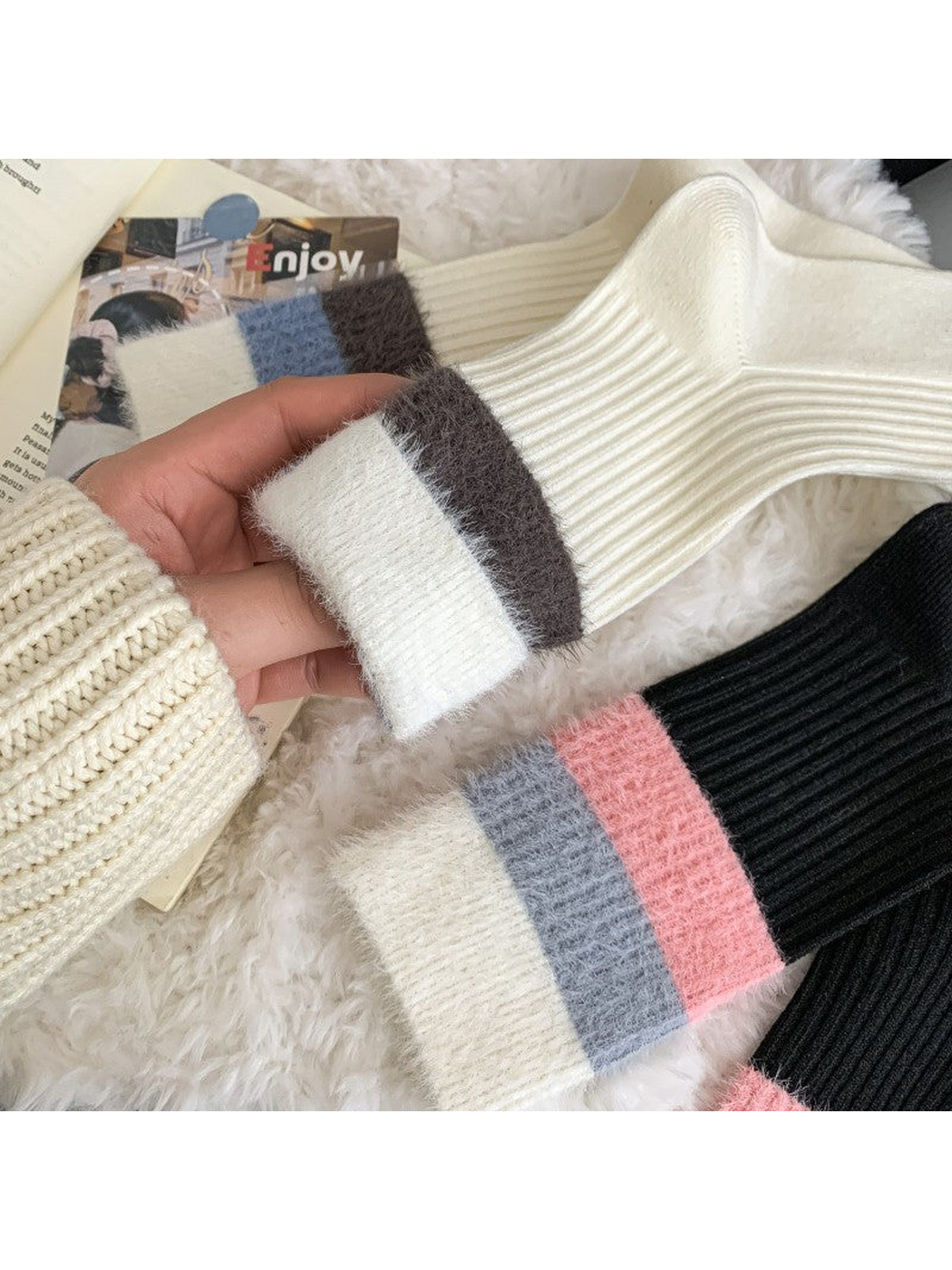 Close-up of the fuzzy striped cuffs and ribbed sock texture
