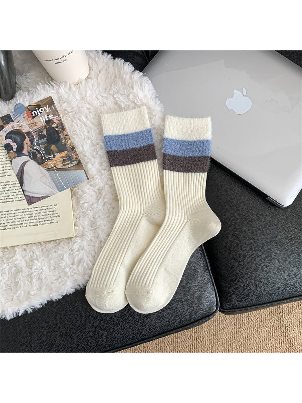 Cream ribbed crew socks with blue and brown striped cuffs