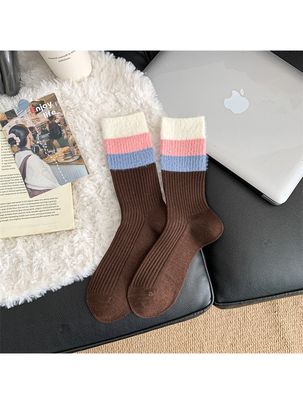 Coffee brown ribbed crew socks with pink and blue striped cuffs