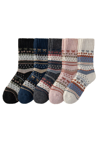 Five patterned crew sock color options arranged on a white background