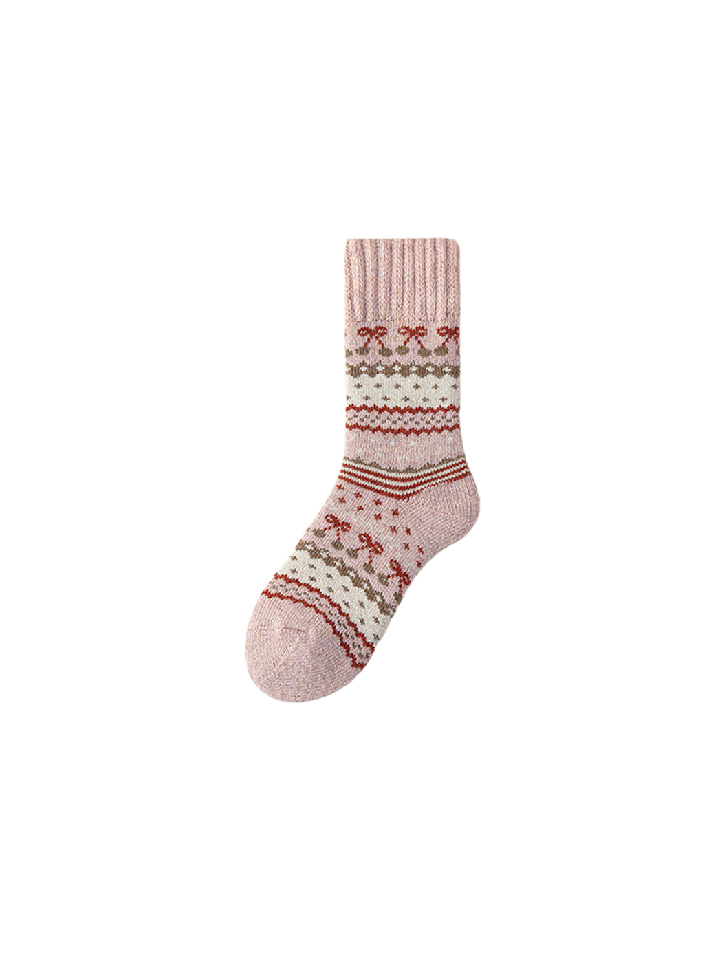 Pink crew sock with geometric bands and a ribbed cuff