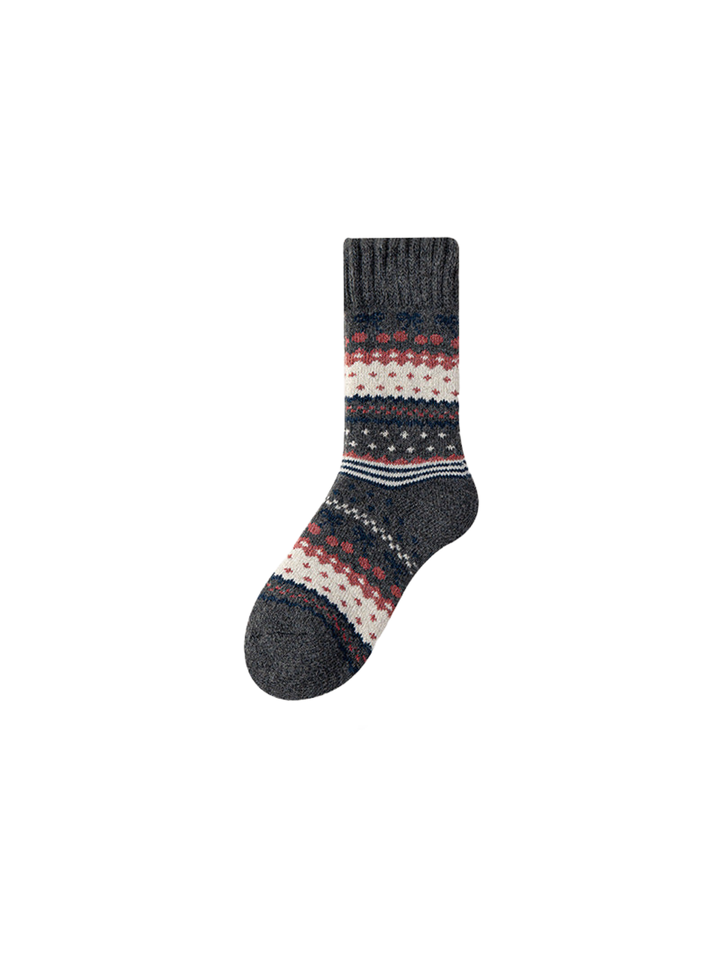 Dark gray crew sock with cream, navy and red geometric bands