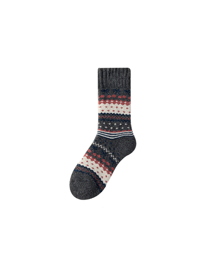Dark gray crew sock with cream, navy and red geometric bands