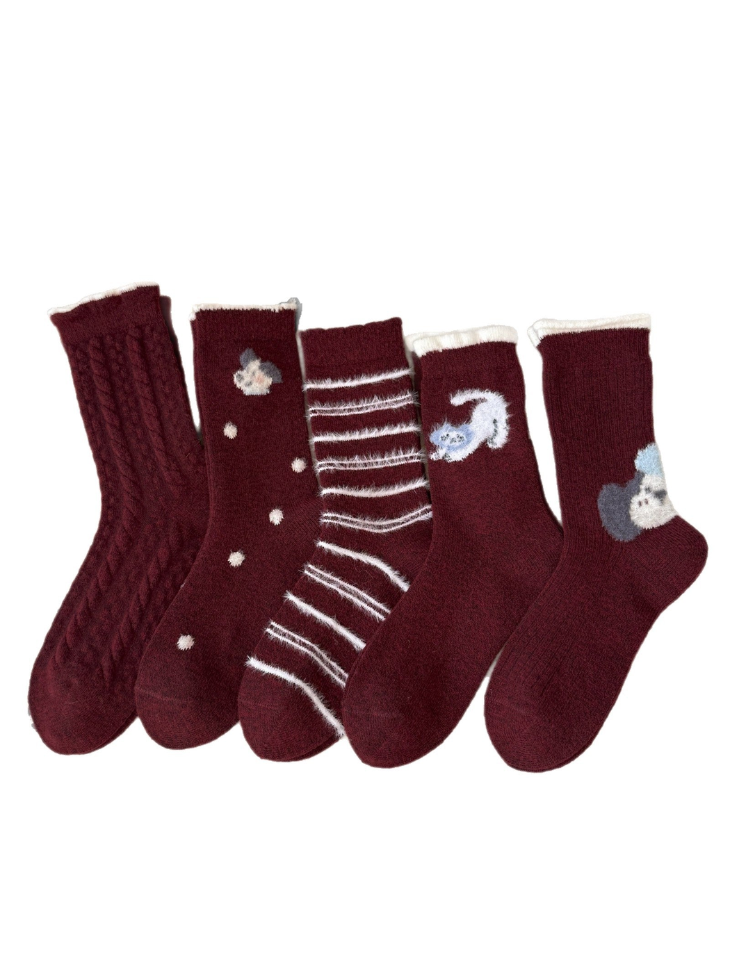 Five burgundy crew sock designs with striped, animal, dotted and cable patterns