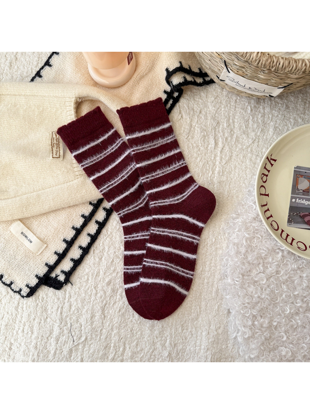 Burgundy crew socks with fuzzy ivory stripes