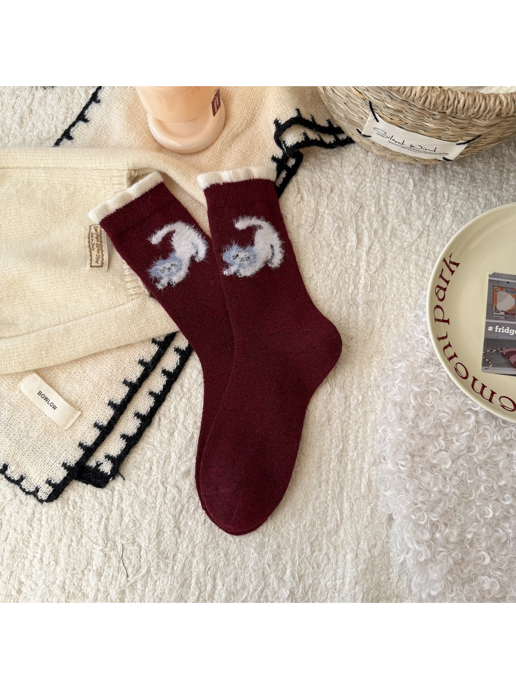 Burgundy crew socks with fuzzy curled cat motif