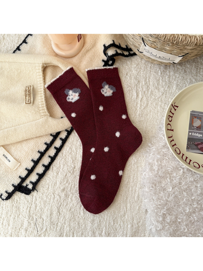 Burgundy crew socks with fuzzy dog motif and ivory dots