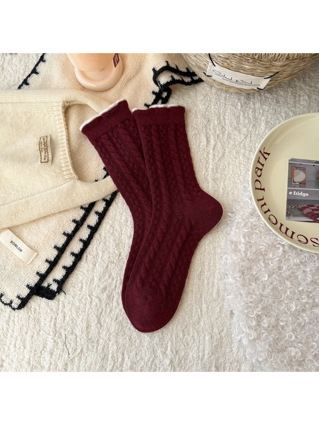 Burgundy crew socks with cable-knit texture