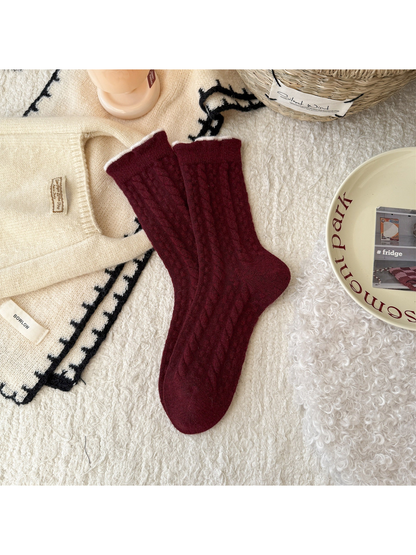 Burgundy crew socks with cable-knit texture