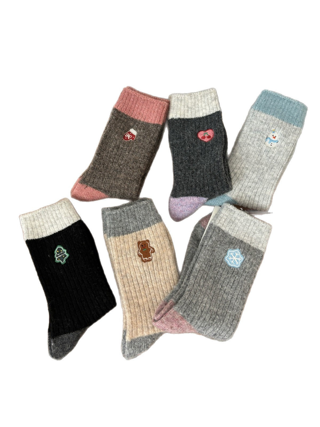Six ribbed crew sock styles with contrasting cuffs, heels and toes