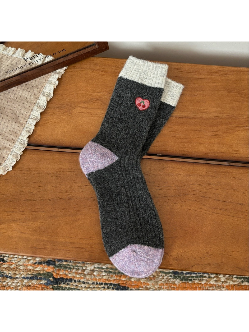 Dark gray ribbed crew socks with lavender trim and heart cherry embroidery