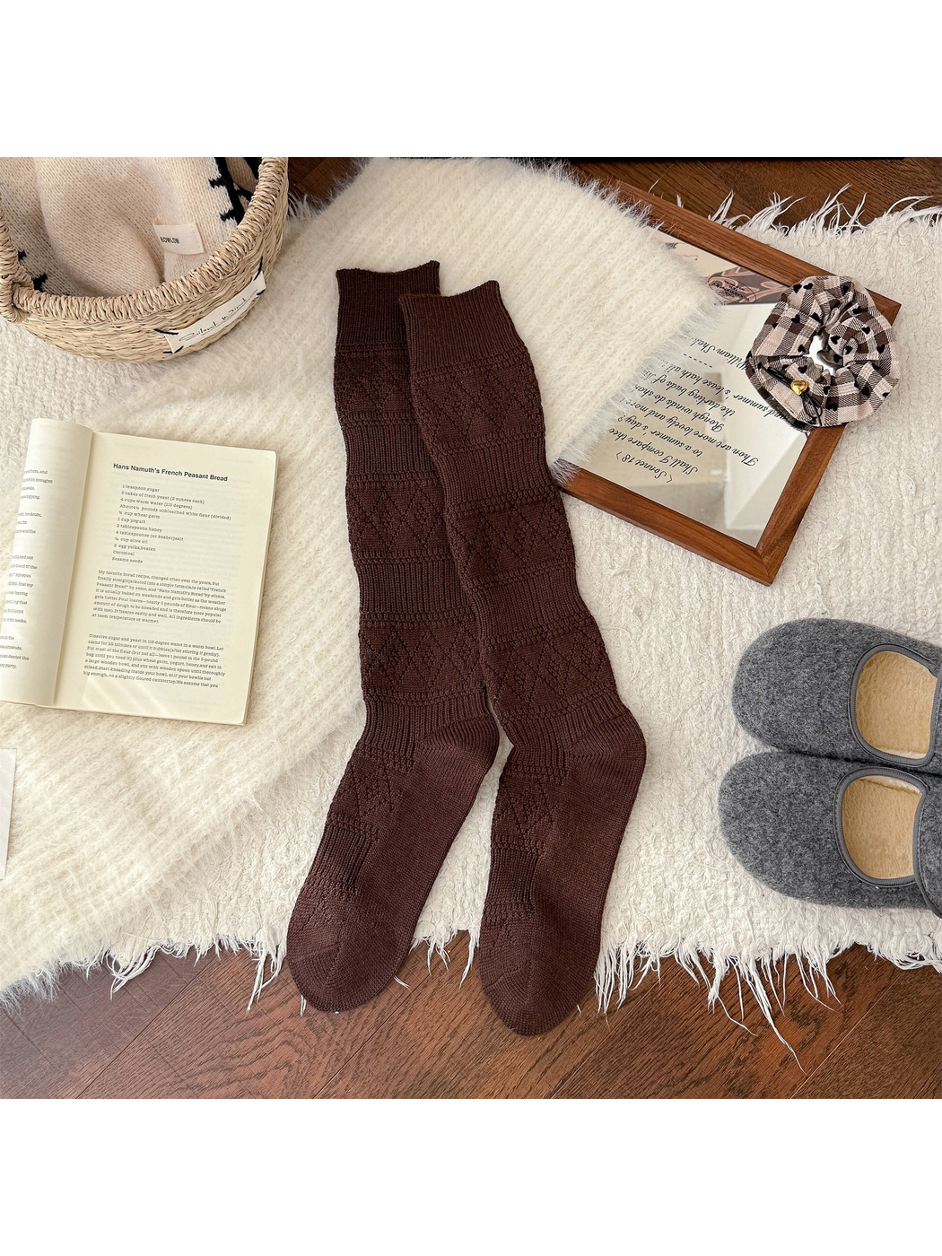 Brown knee-high textured socks laid flat