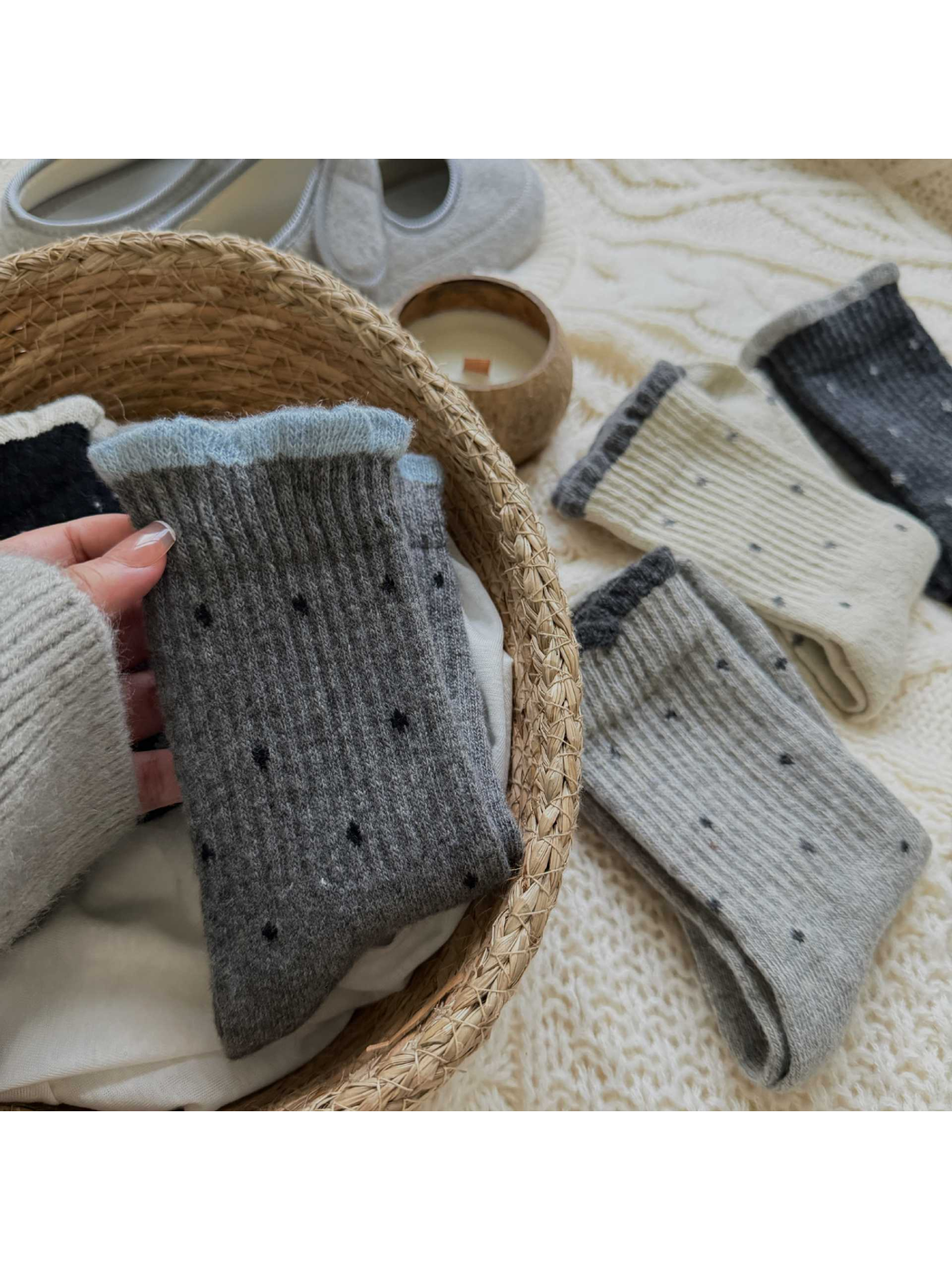 Close-up of the ribbed texture and contrasting ruffled cuffs