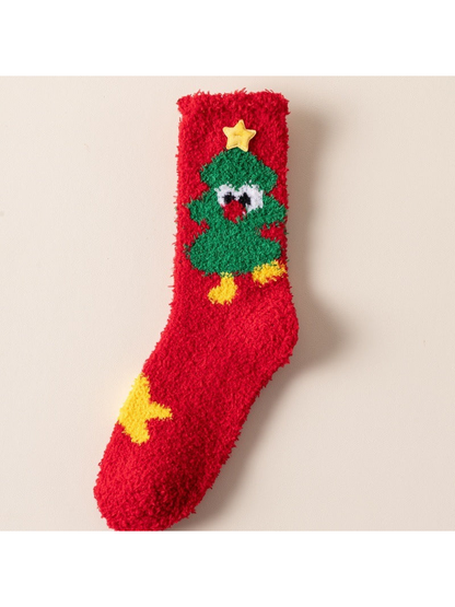 Red fuzzy sock with a star-topped green Christmas tree motif