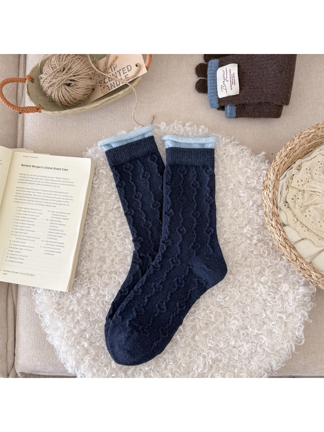 Navy textured crew socks with light blue rolled cuffs
