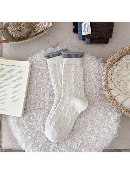 Ivory textured crew socks with gray rolled cuffs
