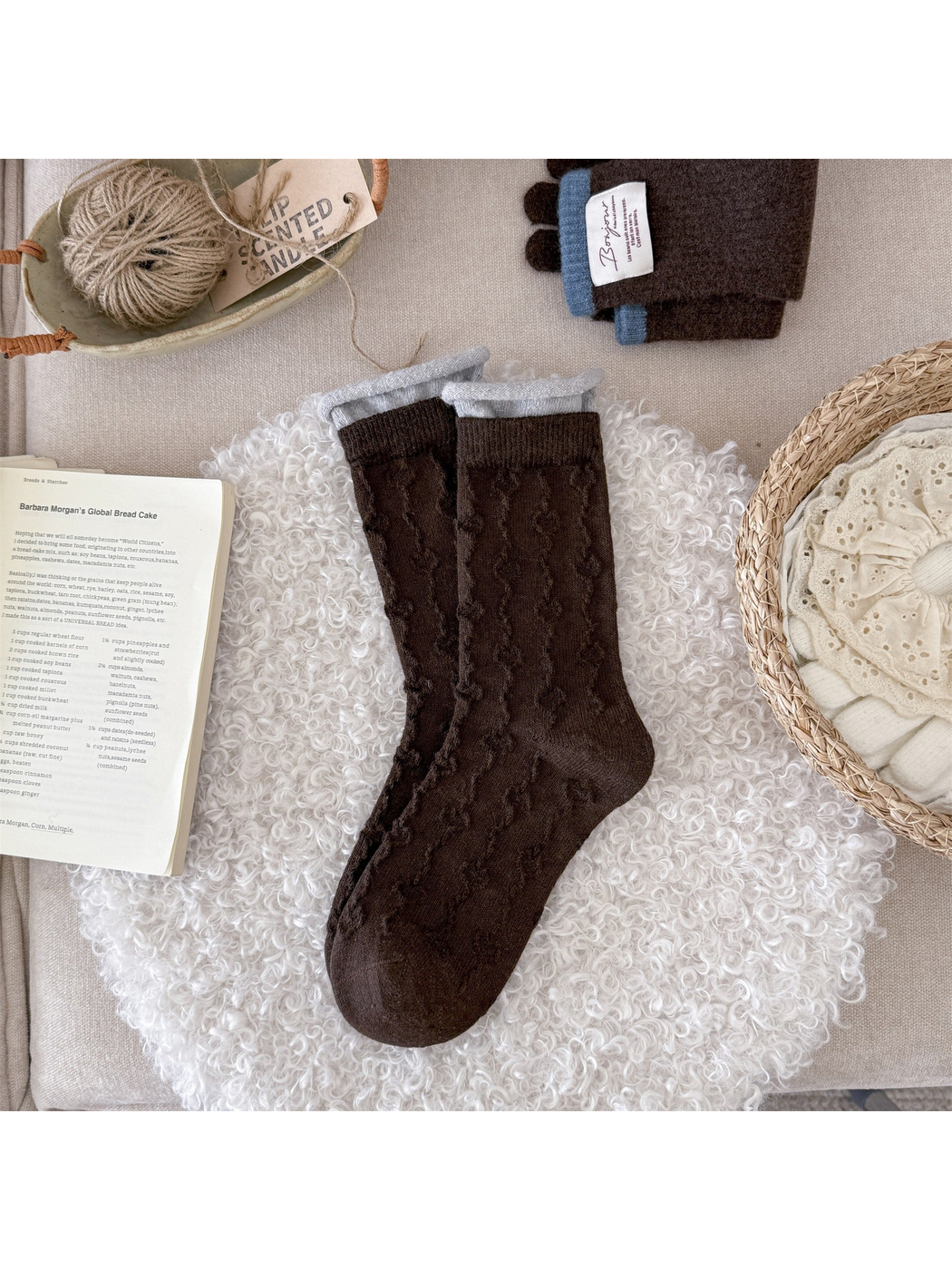 Brown textured crew socks with light gray rolled cuffs