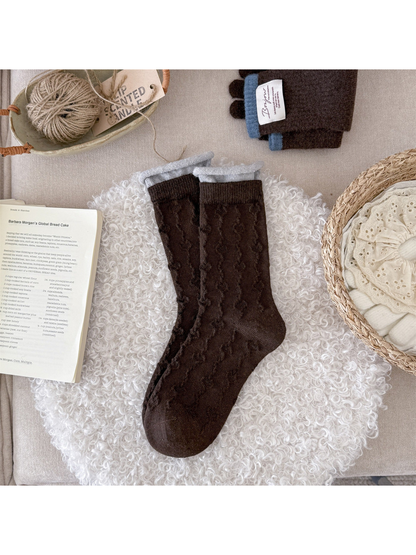 Brown textured crew socks with light gray rolled cuffs
