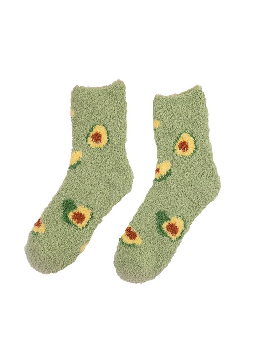 Sage green fuzzy crew socks with repeating avocado motifs